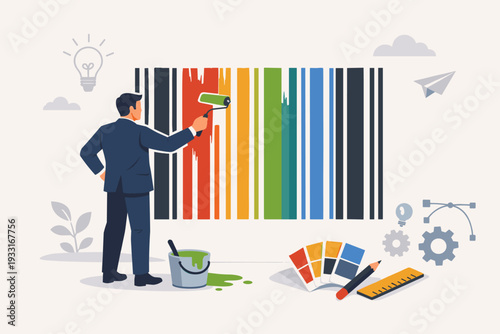 Businessman Painting a Barcode with Vibrant Colors, Concept of Building a Personal Brand, Company Identity, Trademark Promotion, Creative Marketing Strategy, and Business Innovation Illustration