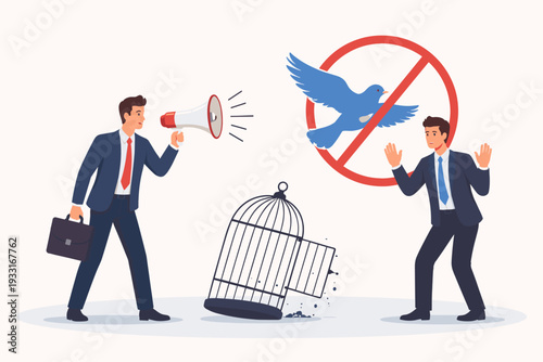 Businessman with Megaphone Shouting at Manager, Metaphor of Freedom of Speech Suppression and Censorship with Blue Bird Flying from Cage and Prohibition Sign, Corporate Control Vector Concept