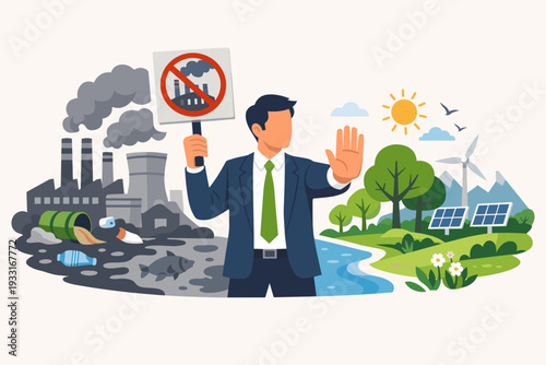 Environmental protection concept with businessman stopping industrial pollution, choosing green energy like solar and wind power over factory smoke and waste for a sustainable clean future.