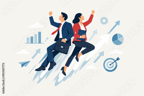 Business Partners Flying Upwards Back to Back for Success and Growth. Teamwork Concept with Professional Man and Woman Reaching Goals. Flat Vector Illustration for Corporate Progress and Achievement.