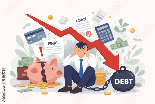 Stressed man chained to a heavy debt ball with a red downward arrow, broken piggy bank, loan papers, and credit cards, representing financial crisis, bankruptcy, and economic failure concept.