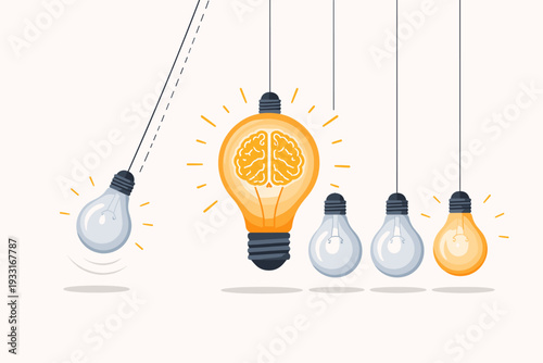 Creative Inspiration Concept with Glowing Light Bulb and Brain Icon Inside as Metaphor for Good Idea, Solution, and Thinking Process. Newton's Cradle Illustration for Innovation and Insight.