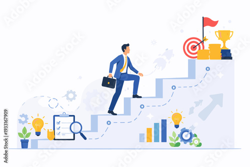 Businessman climbing stairs to success, project management and business timeline concept with male employee at middle step of ladder stage, career growth, goal achievement, and strategy planning.