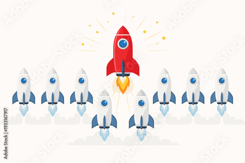 Red Rocket Ship Launching as a Leader of a Group of White Rockets, Concept of Standing Out from the Crowd, Business Leadership, Startup Success, Innovation, Competition and Unique Strategy Vector.