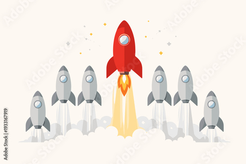 Red Rocket Ship Launching as a Leader Among Grey Rockets Representing Business Success, Startup Growth, Standing Out from the Crowd, Competition, Leadership, and Innovative Breakthrough Concepts.