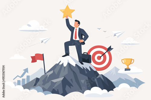 Businessman Winner Holding Gold Star Standing on Top of Mountain Peak for Success and Goal Achievement Concept, Leadership Career Growth, Ambition, Victory, and Business Excellence Illustration