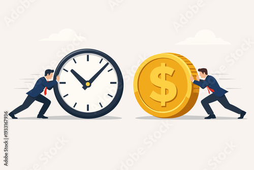 Time is Money Concept Vector Illustration Featuring Two Businessmen Pushing a Large Clock and a Golden Dollar Coin Towards Each Other, Representing Efficiency, Productivity, and Financial Growth.