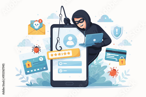 Cyber Criminal Hacker Stealing Personal Data and Passwords from Smartphone with Fishing Rod, Phishing Attack Concept, Online Fraud, Identity Theft, Malware, and Credit Card Security Breach Vector.