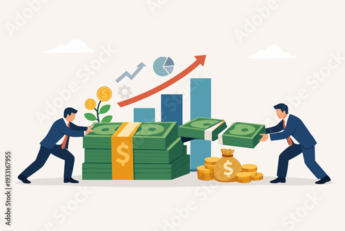 Businessmen Pushing Stacks of Dollar Bills for Profit Sharing and Joint Investment Concept. Financial Growth with Upward Arrow, Bar Chart, and Money Tree Symbolizing Success and Wealth Creation.