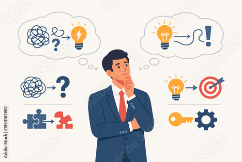 Businessman Thinking about Problem Solving Process Concept with Solution Icons, Lightbulb Idea, Puzzle Pieces, Target, and Key. Creative Strategy, Decision Making, and Innovation Illustration.