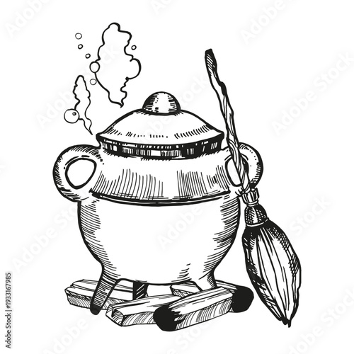 monochrome vector pot and vapor, standing broom, wooden firewood, hearth, kitcheners, cooks, witchcraft, magic equipment, black, white illustration, hand drawn sketch, fairy tale, food preparation