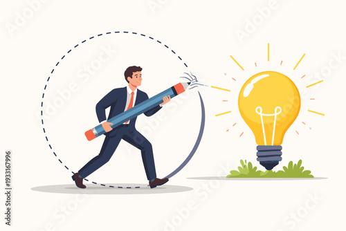 Businessman stepping out of a dashed circle holding a giant pencil towards a glowing lightbulb, representing thinking outside the box, innovation, creative problem solving, and finding new ideas.