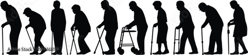 Elderly People Silhouettes Collection Showing Seniors Walking with Canes and Walker Isolated on White Background for Aging Healthcare Rehabilitation and Mobility Assistance Concept
