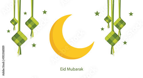 Eid Mubarak crescent moon and ketupat green decoration festive greeting card vector