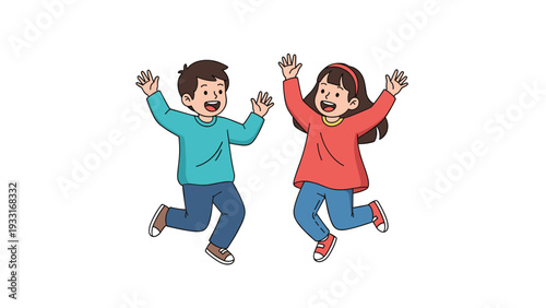 Happy young boy and girl in casual clothes jumping high for joy with their arms raised in a celebratory and fun gesture on a white background.