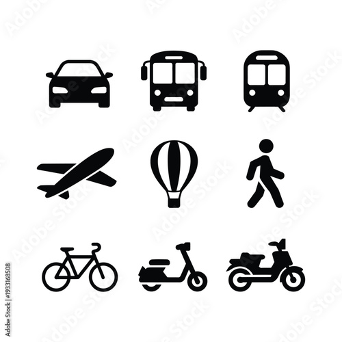 Public transport and vehicle silhouette icon set. Travel and transportation vector illustration.