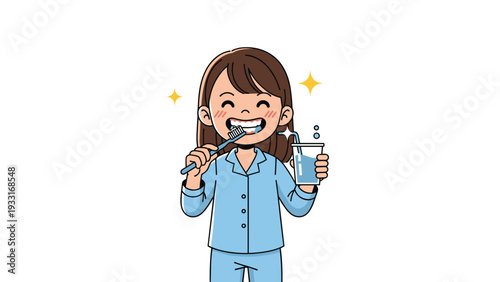 Happy young girl in blue pajamas brushing her teeth with a toothbrush and holding a glass of water to rinse her mouth in the morning or night.