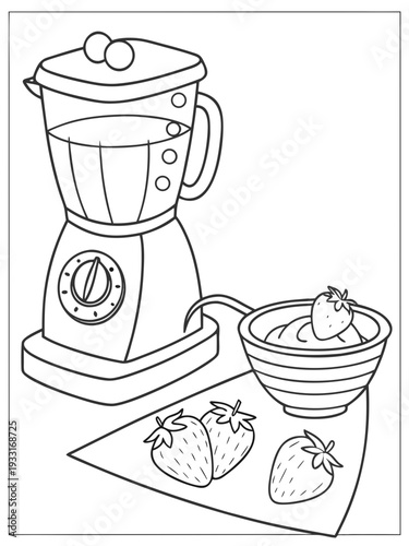Kitchen blender with strawberries and bowl of blended mixture ready for healthy smoothie preparation