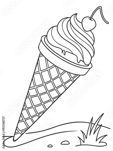 Simple black and white illustration of a single ice cream cone with a cherry on a grassy surface
