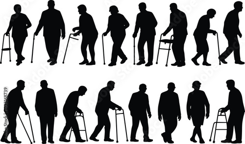 Senior Men Silhouettes Collection Featuring Elderly Individuals Walking with Canes and Walkers Isolated on White Background for Aging Healthcare Rehabilitation and Mobility Support Concept