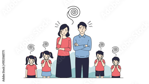 Group of concerned family members including worried parents and four crying children expressing sadness, stress, or collective family worry.