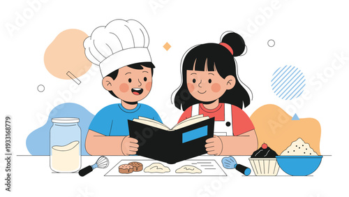 Young boy in a chef hat and a girl in an apron looking at a recipe book together while preparing to bake delicious cupcakes in a kitchen.