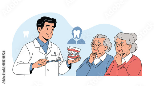 Friendly male dentist in a white coat showing a set of dentures and a toothbrush to an interested elderly couple during a clinic consultation.