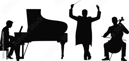 Classical music silhouettes, piano player vector, orchestra conductor illustration, cello musician icon, ensemble performance design, black art concept, musical artwork graphics