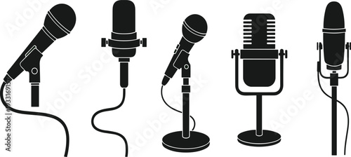Professional microphone silhouettes set including studio, handheld and vintage retro mics isolated for podcast and broadcasting design