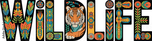 Wildlife Word Art with Tiger and Floral Elements typography