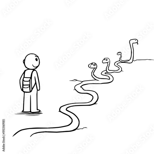 Stick figure with backpack facing multiple snake heads in a line symbolizing challenges and obstacles