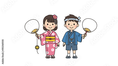 Young boy and girl in traditional Japanese yukata or kimono holding round fans and celebrating a colorful summer festival on a white background.