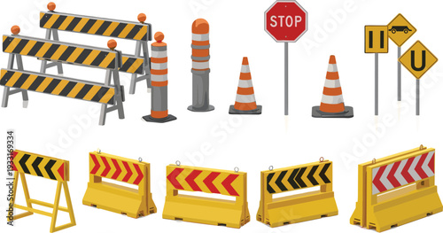 Road Construction Barriers Traffic Cones and Warning Signs Safety Equipment Vector Illustration Set