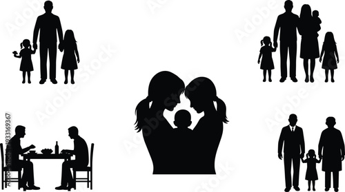 Family silhouette illustration, parents children poses, togetherness love, heart shape gesture, dining scene, balloon chililhouette illustration, parents children poses, togetherness 