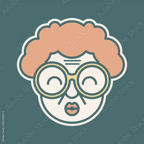 Adorable and quirky flat-design illustration of a grandmother's face. Featuring a vintage aesthetic with big round glasses, curly hair and bold outlines, brings a warm, nostalgic feel