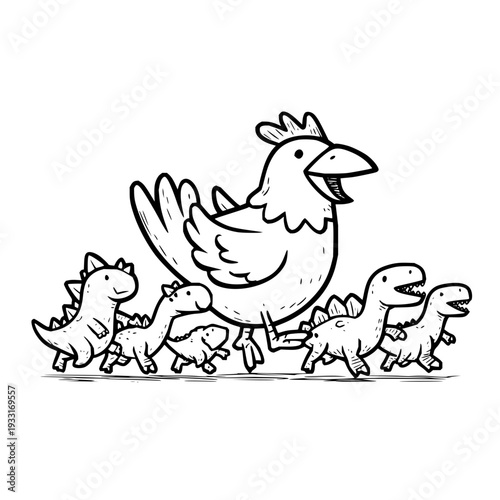 Mother hen leads her dinosaur chicks in a fun cartoon procession