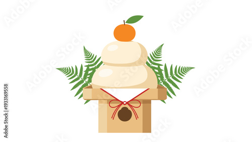 Traditional Japanese New Year decoration Kagami Mochi consisting of two round rice cakes and a bitter orange on a wooden stand with fern leaves.