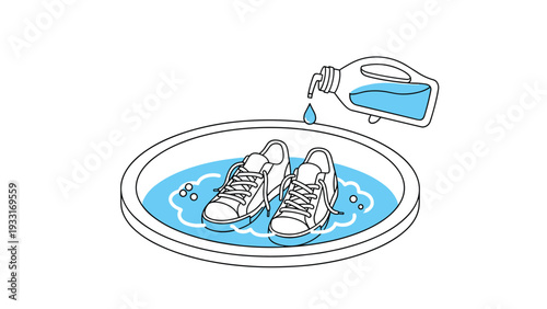 Pair of white sneakers being soaked in a basin of soapy water while blue liquid detergent is poured from a bottle for deep cleaning and care.