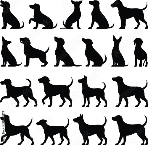 Dog Silhouettes Collection Featuring Different Breeds Standing Sitting and Walking Isolated on White Background for Pet Care Veterinary Animal Training and Design Use