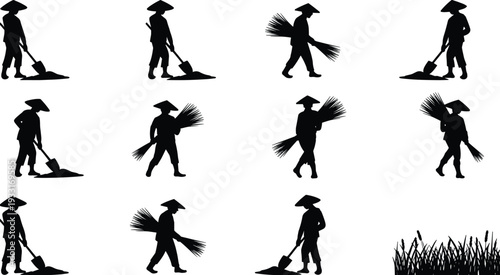 Farming silhouettes, agricultural worker vector, conical hat figure illustration, crop carrying design, traditional labor artwork, black rural icon, cultural farming graphics