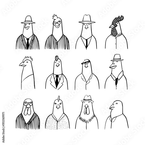 Cartoon chickens and roosters dressed as businessmen wearing suits and hats in a humorous illustration
