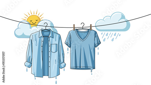 Blue shirt and t-shirt hanging on a clothesline outdoors while being soaked by heavy rain under a dark cloud during a sudden summer storm.