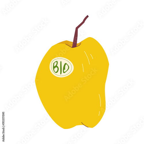 Flat vector yellow apple with bio label sticker isolated on light background. Organic fruit concept for healthy food and eco lifestyle design