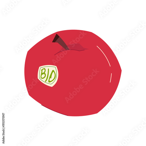 Flat vector red apple with bio label sticker isolated on light background. Organic fruit concept for healthy food and eco lifestyle design