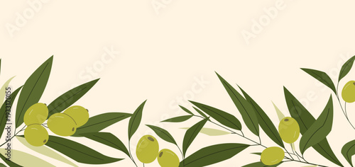 Horizontal banner with green olives and leaves on beige background. Natural Mediterranean food concept with copy space for packaging or branding