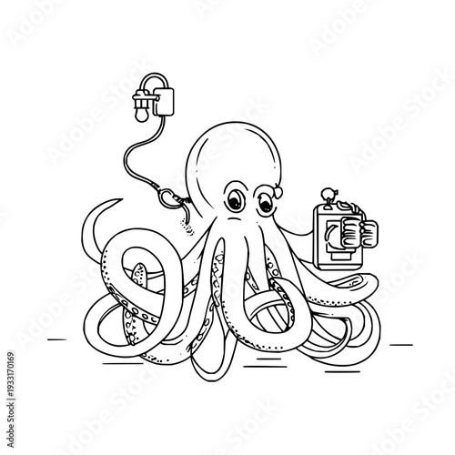 Octopus holding spray can and electrical plug in a quirky cartoonish illustration with tentacles