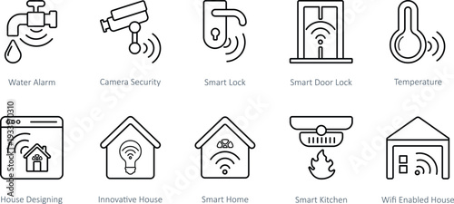 Collection of 10 minimalist line art icons for smart home systems including water alarms, temperature sensors, and WiFi-enabled house designing.