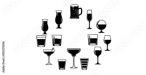 Modern Bar Drink Glass Silhouettes Radial Composition Black Cocktail Icon Vector Set
