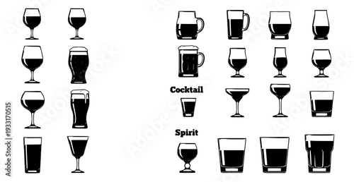 Bartender Reference Alcohol Glass Silhouette Guide Black Drinkware Vector Icons