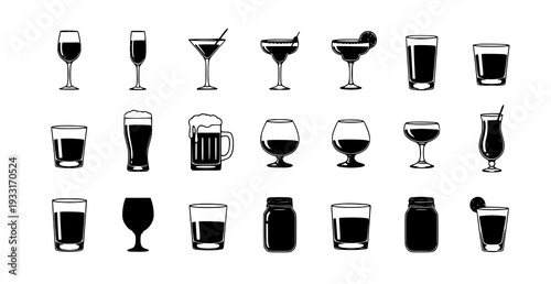 Black Alcohol Cocktail Glass Silhouette Icon Set Isolated on White Background Vector Collection